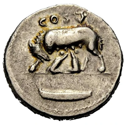 Denarius - Domitian COS V; Romulus and Remus back