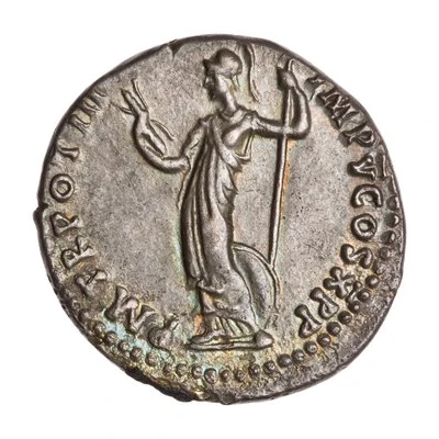 Denarius - Domitian P M TR POT III IMP V COS X P P; Minerva back