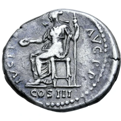 Denarius - Hadrian IVSTITIA AVG P P COS III; Justitia back