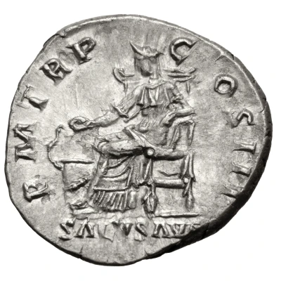 Denarius - Hadrian P M TR P COS III SALVS AVG; Salus back