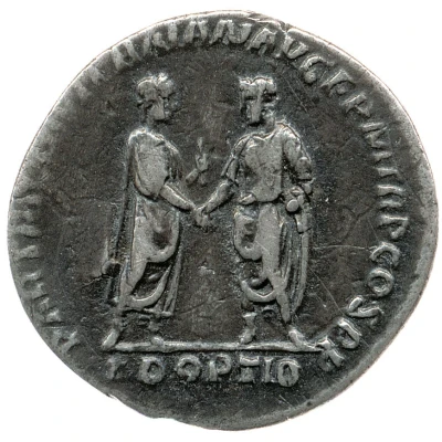 Denarius - Hadrian and Trajan PARTHIC DIVI TRAIAN AVG F P M TR P COS P P ADOPTIO back