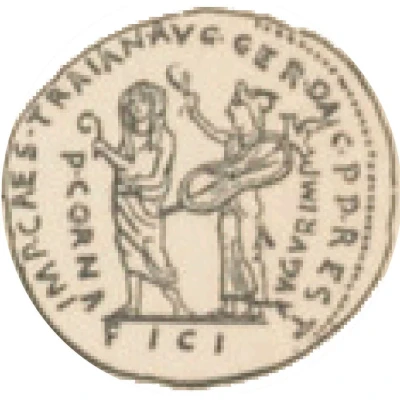 Denarius IMP CAES TRAIAN AVG GER DAC P P REST CORNVFICI AVGVR IMP; Ceres and Juno Sospita back