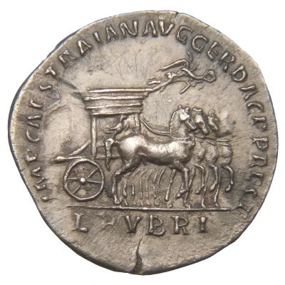 Denarius IMP CAES TRAIAN AVG GER DAC P P REST L RVBRI; Juno and Victory back