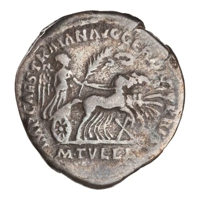 Denarius IMP CAES TRAIAN AVG GER DAC P P REST M TVLLI; Roma and Victory back