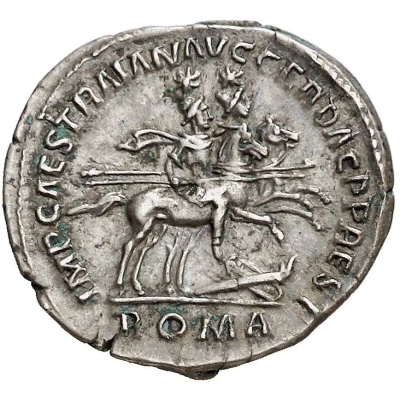 Denarius IMP CAES TRAIAN AVG GER DAC P P REST ROMA; Roma, Castor, and Pollux back