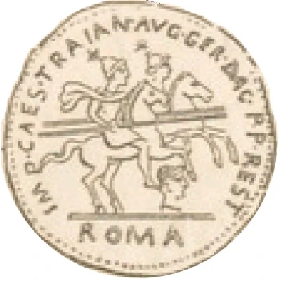 Denarius IMP CAES TRAIAN AVG GER DAC P P REST ROMA; Roma, Castor, and Pollux back