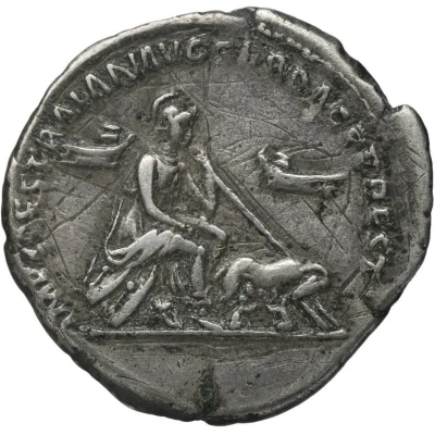Denarius IMP CAES TRAIAN AVG GER DAC P P REST; Roma, Romulus, and Remus back