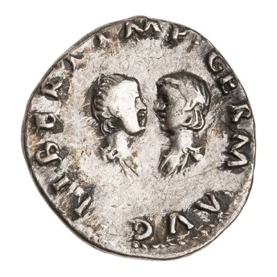 Denarius - Vitellius, Aulus Vitellius Germanicus, and Vitellia LIBERI IMP GERM AVG back