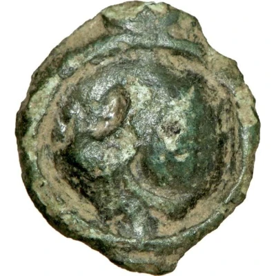 Potin with head to the left and left-rotating swastika 80 BC - 50 BC front