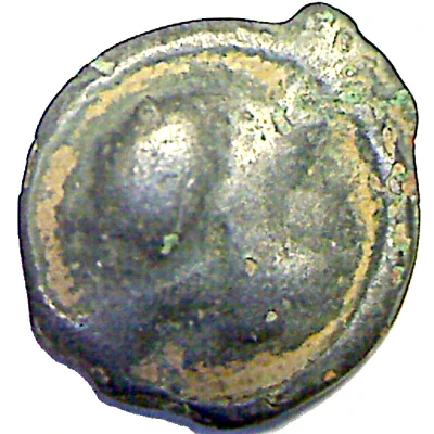 Potin with head to the right and dextrorotatory swastika 80 BC - 50 BC front