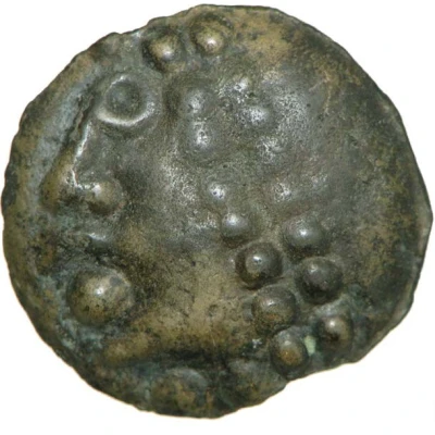 Potin with large helmeted head and headband decorated with globules 100 BC - 10 BC front