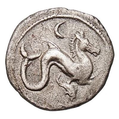 Silver 5 Asses Hippocamp facing right; value above 301 BC - 275 BC front