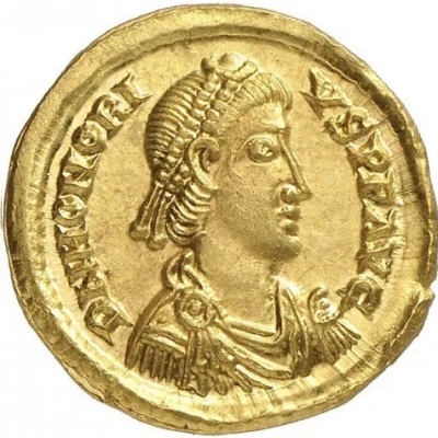 Solidus - Honorius VICTORIA AVGGG RM; Rome front