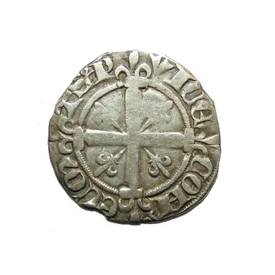 White Denier with crown - Joan of Naples and Louis of Tarante ND back